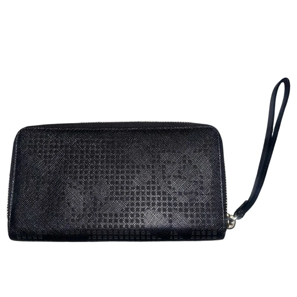 EUC Kate Spade Black Floral Cutout Wristlet Zip Around Long Wallet Clutch Gold